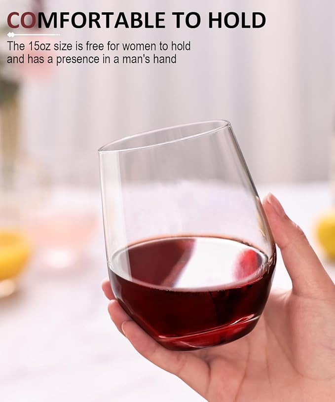 OJA Wine Glasses Set, Crystal Stemless Red Wine Glass, Set of 6, 15 oz | No Stem, Clear, Sturdy Drinking Glass for White Wine, Daily Use, Birthday, Wedding, Home Party, Anniversary, Shower Gift - Image 2