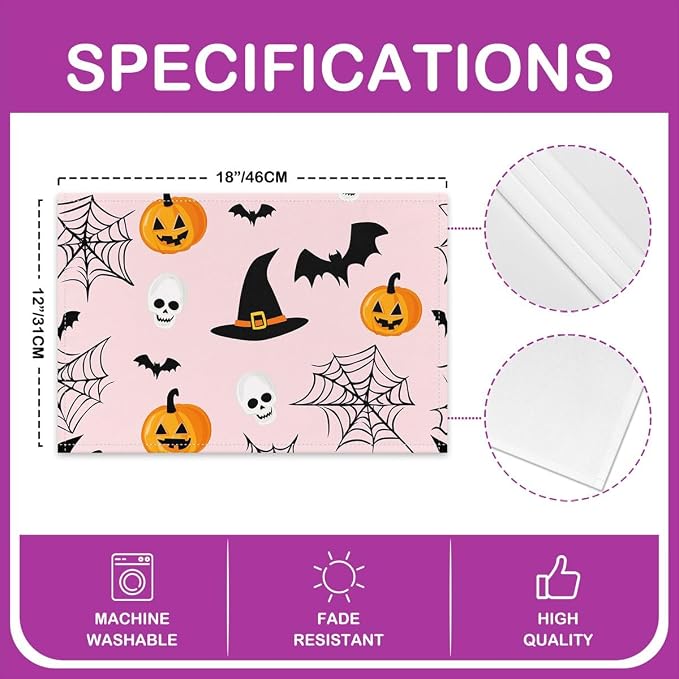 Feelyou Happy Halloween Placemats Set of 4 Pumpkin Lantern Skull Table Mats for Party Kitchen Dining Decoration Holiday Seasonal Pink Orange White Place Mat for Dinner Table Indoor Outdoor 18"x12" - Image 4