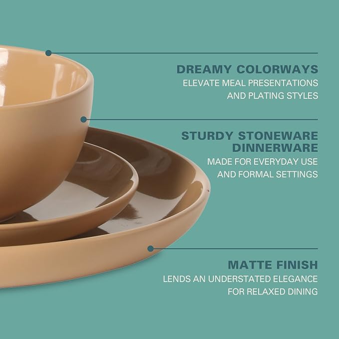 Gibson Home Rockaway 12-Piece Round Stoneware Dinnerware Set, Service for 4 – Beige Plates and Bowls, Modern Matte Finish, Microwave & Dishwasher Safe - Image 3