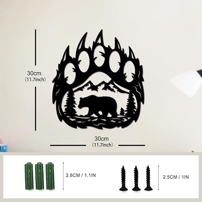 INFUNLY Bear Paw Wall Decor 10.8X11.8 Inches With Forest Mountain Pine Tree - Rustic Cabin Hunting Decorations Metal Bear Decor for Living Room Bedroom Indoor - Image 2