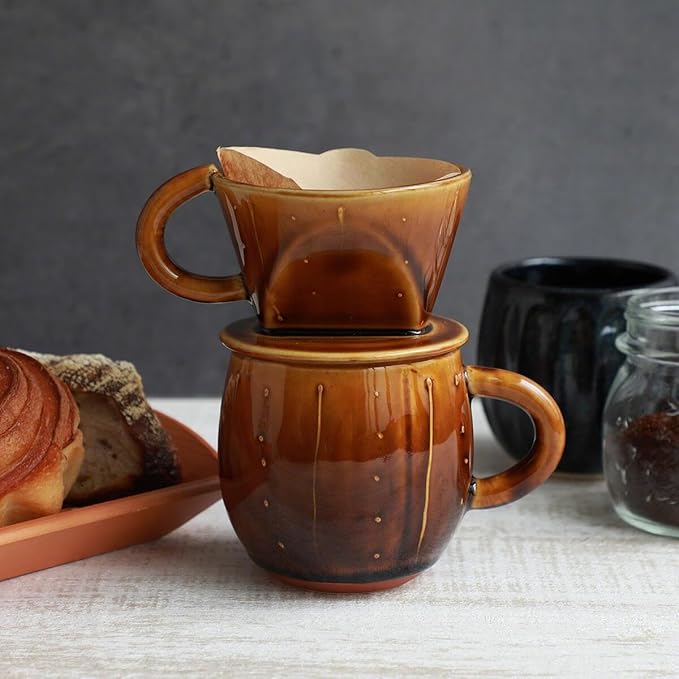 Asayu Japan Ceramic Coffee Pour Over Maker Set in Caramel, Slow Brewing Paper Filter Holder and Dripper with 3 Holes for Coffee and Tea - Accessory Ceramic Mug