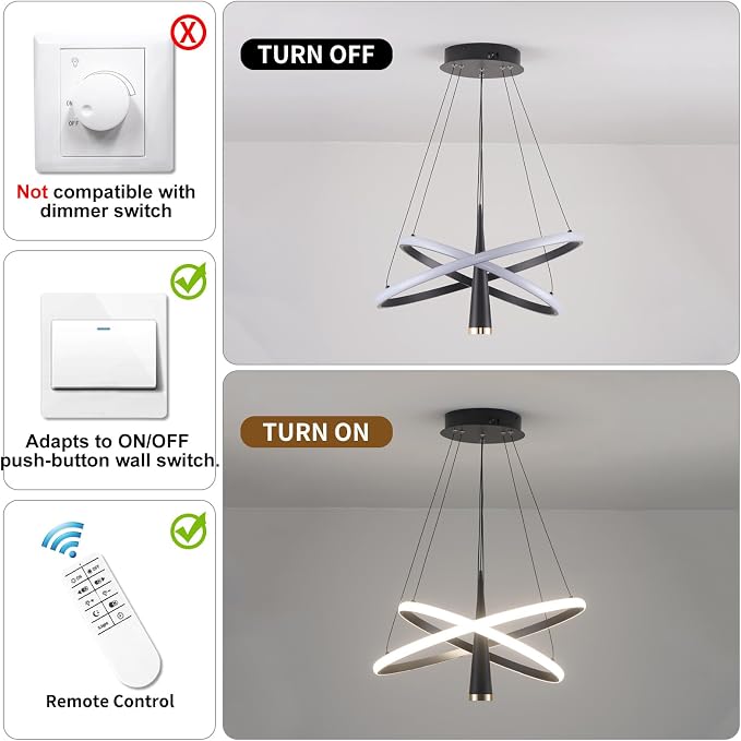 ORANOOR Modern LED Chandelier, Dimmable 20inch Black Kitchen Pendant Lights | Dining Room Light Fixtures Ceiling Hanging, 2 Ring Round LED Chandeliers for Bedroom Living Room Staircase Over Table, 3360lm - Image 7