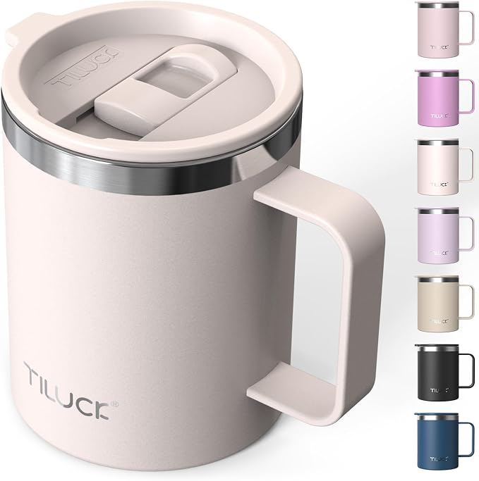 TILUCK 12 oz Insulated Coffee Mug with Lid and Handle | BPA-Free Lid, Double-Wall Vacuum Insulation, Stainless Steel Coffee Cup, Dishwasher Safe Mug for Hot & Cold Drinks,SakuraPink by TILUCKBringsGoodLuck