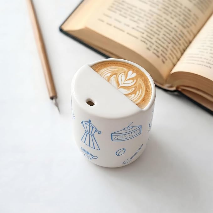 Ceramic Mug with Sip Hole 10 oz Novelty Food Pattern Ceramic Coffee Mug Hand Painted Travel Mugs Heat Resistant Non Slip Built in One Lid Handcraft Mugs for Coffee Lovers Appreciation Gift - Image 4