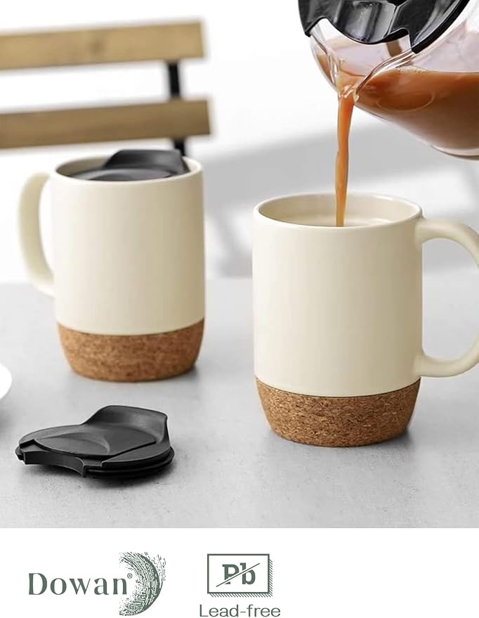 DOWAN Coffee Mugs Set of 2, 15 OZ Ceramic Mug with Cork Bottom and Splash Proof Lid, Large Coffee Cup with Handle for Tea Latte, Beige - Image 5