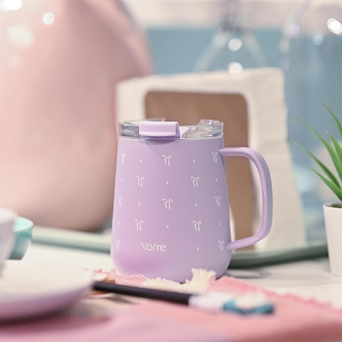 YOME 10oz Bow Light Purple Insulated Coffee Mug with Handle for Women | Ceramic Lined Coffee Mug with Splash-Resistant Lid| Pure Taste Stainless Steel Coffee Cup | Easy to Clean | Keeps Drinks Cold - Image 4