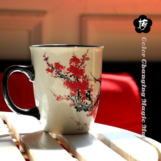 Color Changing Heat Sensitive Magic Funny Art Mug Large Coffee Tea Plum Blossom Porcelain Mugs for Women Mom grandma Gifts 16oz Black Change Glow Red Cups - Image 6