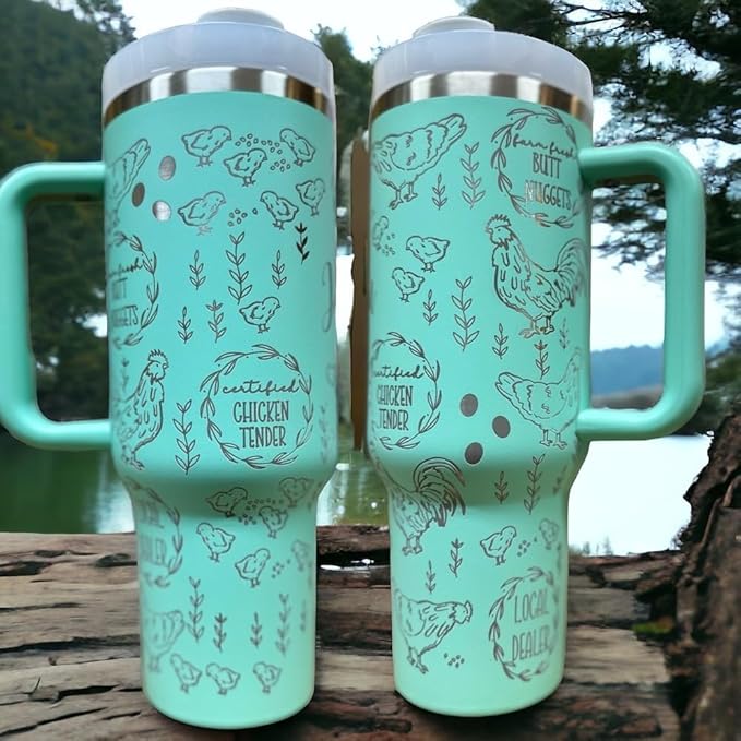 Western Engraved 40oz Tumbler, Tumbler with handle, Cowgirl Tumbler, Country Mug with Handle (Mint(6)-Chicken(B32))