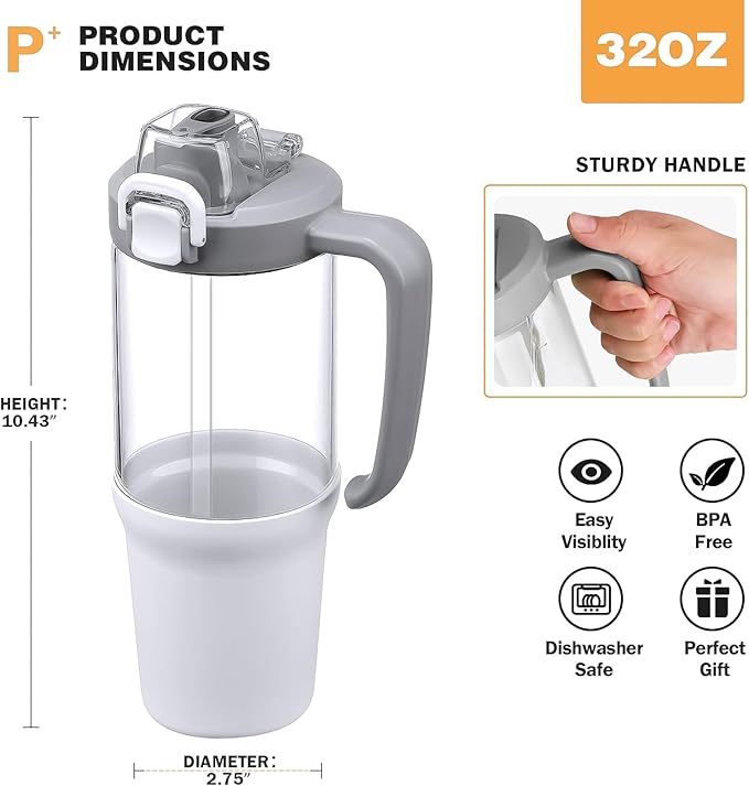 32 oz Glass Tumbler with Handle, 2-in-1 Straw and Sip Spout, Leakproof, BPA-Free Glass Water Bottle for Sports, Office, School, White
