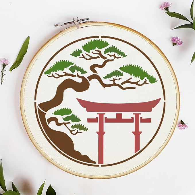 FINGERINSPIRE Japanese Torii Gate Painting Stencil with Brush 11.8x11.8inch Plastic PET Argyro Pine Trees Drawing Template Decorative Hollowed Oriental Theme Stencil for Painting on Wood Canvas - Image 5