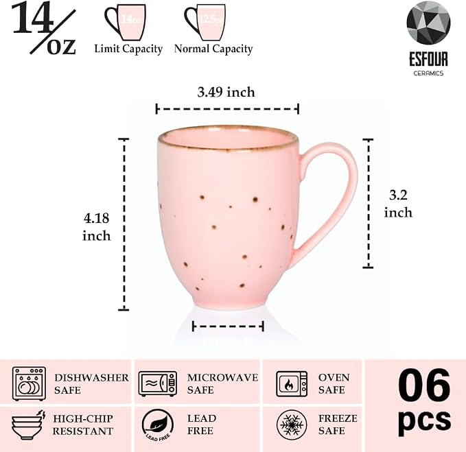 Esfour Ceramics Coffee Mugs Set Of 6, 14 Oz Large Handle Heavy Duty Cups - Microwave Dishwasher Safe - Latte, Cappuccino, Tea, Cocoa, Mocha - Men, Women, Home Office Daily Use, Blossom Assorted Colors - Image 2