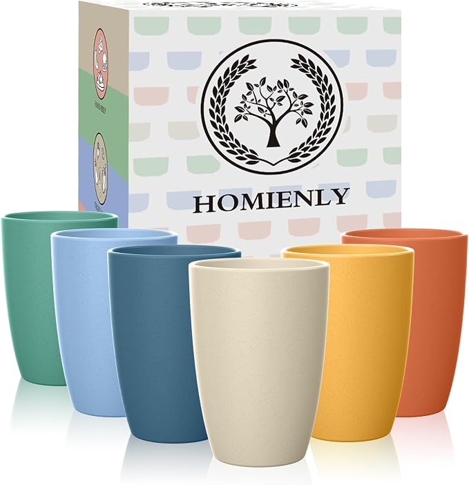 Homienly Water Cups Wheat Straw Drinking Glasses Cups 12oz Unbreakable Cups,Microwave and Dishwasher Safe Cup Set,6 PCS Stackable Cups for Kitchen,Camping-Colorful by HOMIENLY