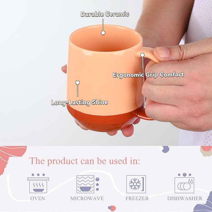 Miicol Ceramic Coffee Mug, 16 oz Large Coffee Cup, Tea Mug with Handle, Flat Bottom Mug for Men, Women, Office, Microwave and Dishwasher Safe, Multi-Color, Caramel Peach - Image 7