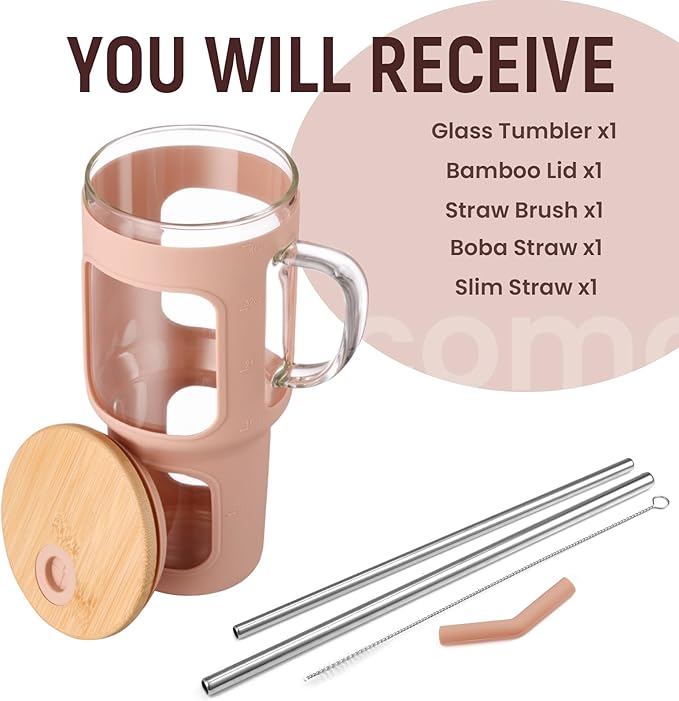 COMOOO 40oz Glass Tumbler with Handle, Bamboo Lid, Straw, Silicone Sleeve, Dishwasher Safe, Cup Holder Friendly, Amber