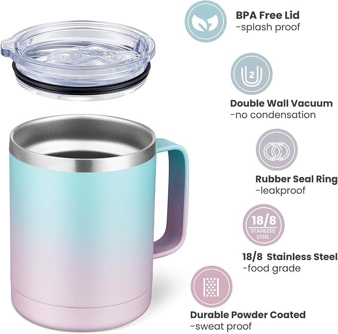 MEWAY 12oz Coffee Mug With Handle and Sliding Lid,Stainless Steel Travel Tumbler Cup with Handle,Double Wall Vacuum Insulated Camping Cup for Hot & Cold Drinks Tea (Bubble Gum,Set of 1) - Image 3