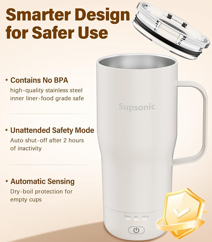 Supsonic Heated Coffee Mug Rechargeable, 20oz Long-Lasting Battery (S3) | Dry-burn protection, 2Hr auto-off, 3-Temp settings, Constant temperature, Inner stainless steel, Warm gift for men women - Image 6
