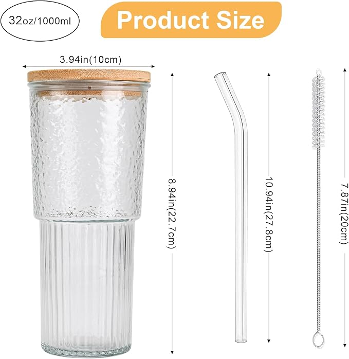 32oz Ribbed Glassware Large Cup, Glass Cups With Lids And Straws,Iced Coffee Cups With Lids,Glasses Drinking Set,Cute Cups,Boba Cup,With Straw Brush,Ideal Gift - Image 6