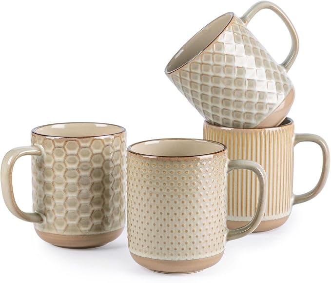 GBhome 12oz Coffee Mugs Set of 4, Handmade Stoneware Coffee Mugs Set with Large Handle for Cappuccino/Latte/Tea/Hot Cocoa, Dishwasher & Microwave Safe-Pale khaki by GBhome