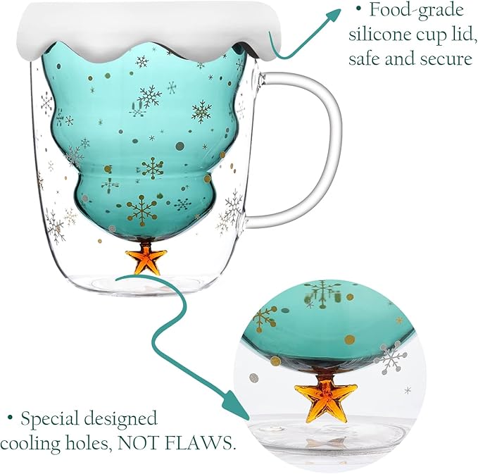 Christmas Tree Mugs with Lid - Double Wall Insulated Glasses - Espresso Cup & Cute Mugs for Women, Men & Kids