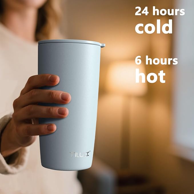 TILUCK 20 oz Insulated Coffee Tumbler with BPA-Free Lid | Travel Coffee Mug, Dishwasher Safe, Cup Holder Friendly, Double-Wall Vacuum Insulation for Hot & Cold Drinks,MatteLightBlue - Image 3