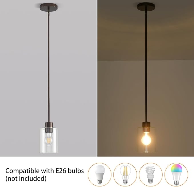 Oil Rubbed Bronze Pendant Lights Kitchen Island - Clear Glass Pendant Light Fixture Multiple Stems Rods 3 Units 12 Inch 3 Units 4 Inch (1 Pack Oil Rubbed Bronze Downrod) - Image 7