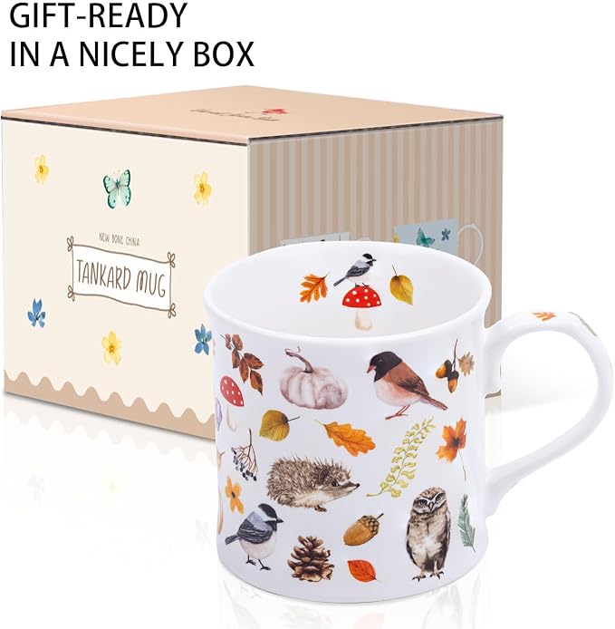 Autumn Animals Coffee Mug, 12 oz New Bone China Mug with Bird, Hedgehog, Owl & Pumpkin Design, Halloween & Fall Seasonal Ceramic Tea Mug, Nature Lover Gift, Designed in England by Harvest Green Studio - Image 4