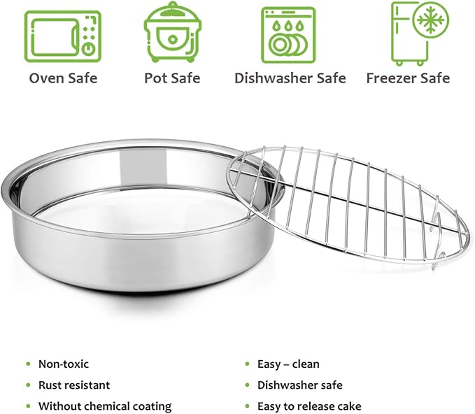 E-far 8-inch Round Cake Pan with Rack Set, Stainless Steel Cake Pans Tins and Baking Cooling Racks, Non Toxic & Healthy, Mirror Polished & Dishwasher Safe - 4 Pieces (2 Pans + 2 Racks) - Image 2