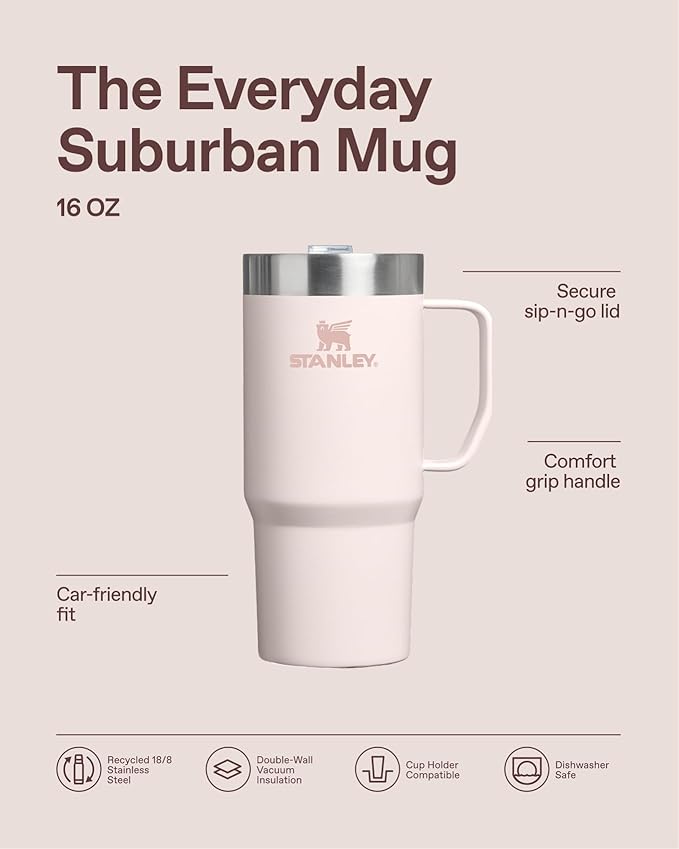 STANLEY The Everyday Suburban Mug | 16 oz | Drink Through Lid | Cup for Coffee, Tea and Drinks | Insulated Stainless Steel Coffee Mug | BPA-Free | Rose Quartz - Image 5