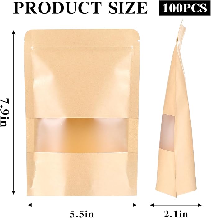 100 PCS Resealable bags, 5.5" x 7.9" Stand Up Paper Bags with Matte Window, Food Storage Bag for Packaging Products, Reusable, Sealable - Image 2
