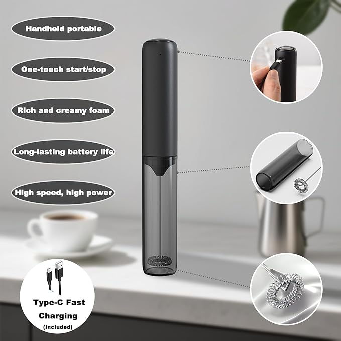 Handheld Milk Frother with Cover- 15-Second Silent Drink Mixer, Travel-Ready with ABS Sleeve, Battery-Powered for Coffee, Matcha & Shakes (With Cover) (Rechargeable)
