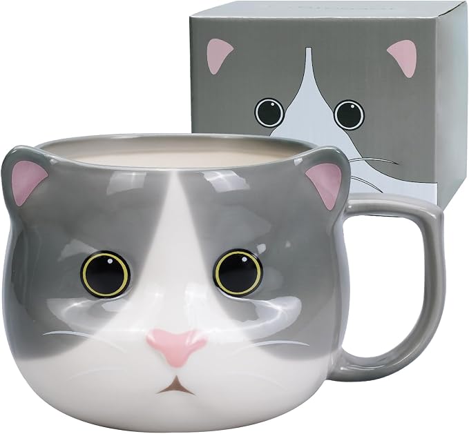 Cat Mug 14 oz Cute Ceramic 3D Porcelain Tea Cup for Women, Kawaii Gifts for Cat Lovers, Christmas, Housewarming, Holiday, Birthday Gifts for Women, Mom, Kids, Men and Friends by ToCooTo