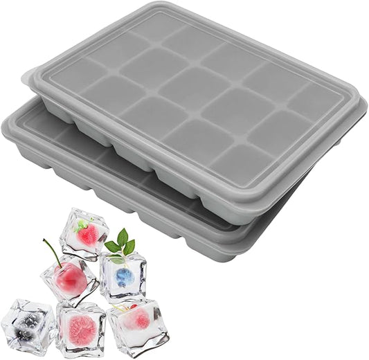 2 Pcs Easy Release Ice Cube Trays, Snow Gray Flexible Silicone Ice Cube Molds Removable Lid Stackable for Whiskey, Beverages, Baby Food (15 cubes 0.7oz)