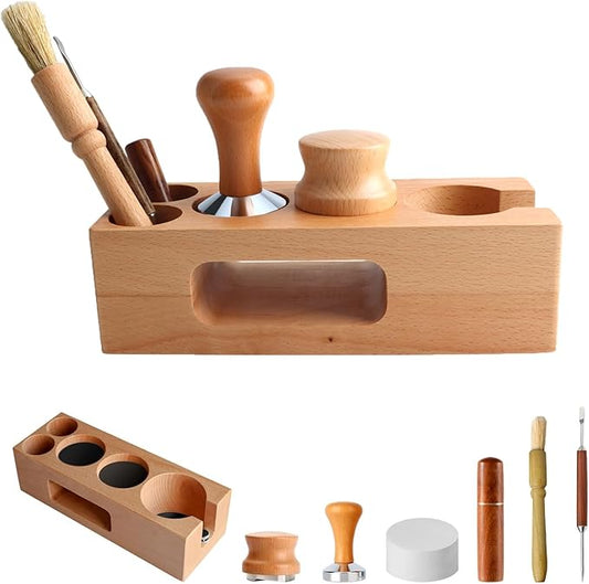 7Pcs Wooden Espresso Kit 51mm, Espresso Tamping Station, Coffee Distributor and Tamper Set, Wooden Coffee Bar Accessories with WDT Stirrer, Latte Pen, Paper Filters, Brush for Home Coffe House
