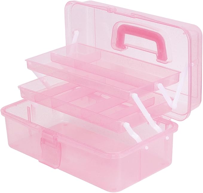 Saim Storage Bins,Three-Layer Multipurpose Art & Craft Storage Container,Carry Tackle Organizer,Medicine Cosmetic Art Supply Box for Art Supply Makeup Hair Accessories Painting Tools - Light Pink