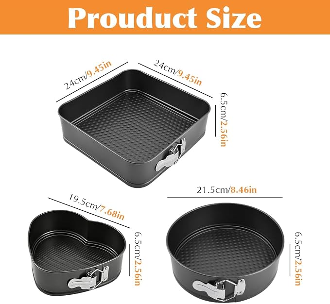 Set of 3 Springform Cake Tins Heavy Duty, Double Layer Non-Stick Coating, Removable Base, Heavy Duty Carbon Steel, Perfect for Frozen Desserts - Oven Safe Bakeware (Square Round Heart) - Image 4
