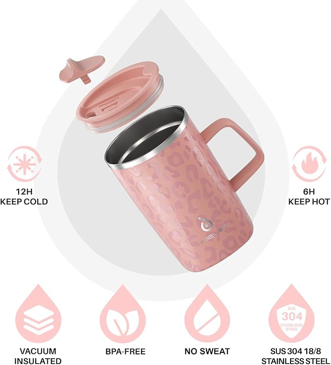 Ideus 16 oz Insulated Stainless Steel Coffee Mug with Lid, Leopard Pink | Perfect for home, office, or daily use| Easy to clean wide mouth| Sweat-proof| On the go - Image 2