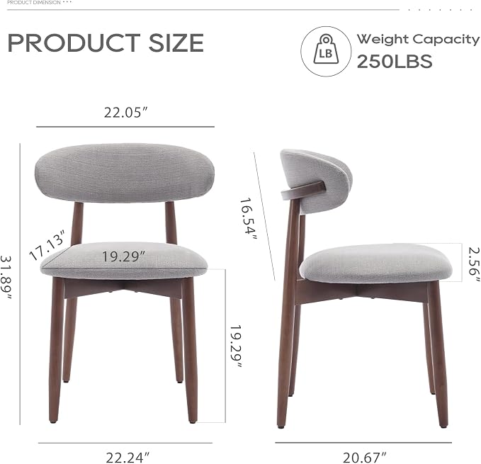 COLAMY Wooden Dining Chairs Set of 2, Modern Fabric Upholstered Dining Room Chair, Farmhouse Kitchen Chairs with Foot Pegs, Light Grey - Image 2