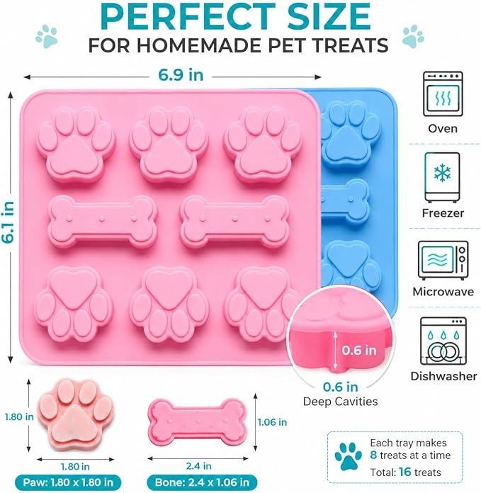 2 Pcs Dog Treat Molds Silicone with Puppy Dog Paw and Bone Shaped 2 in 1，Easy Release – Non-Stick Molds for Homemade Dog Treats, Pudding, Peanut Butter & Baking Biscuits - Image 2
