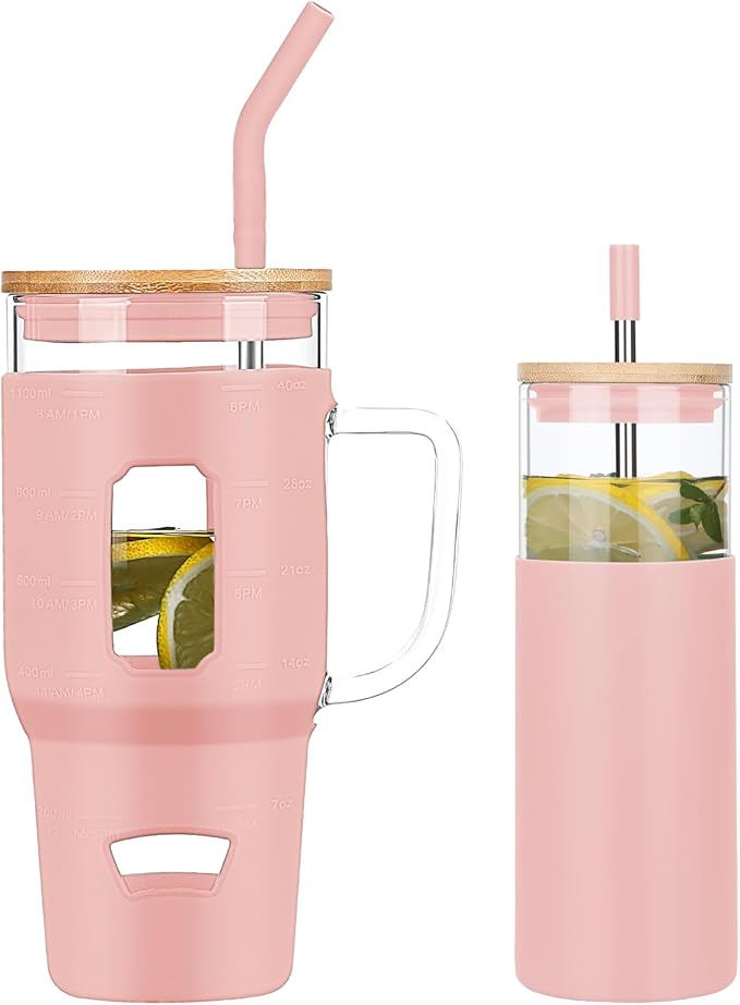 Glass Cups with Lids and Straws - 40 oz Tumbler with Handle - 16 oz Reusable Water with Bamboo Lid, Stainless Steel Straw, Silicone Sleeve for Coffee, Smoothi, Hot, Cold Drinks (2 Count)