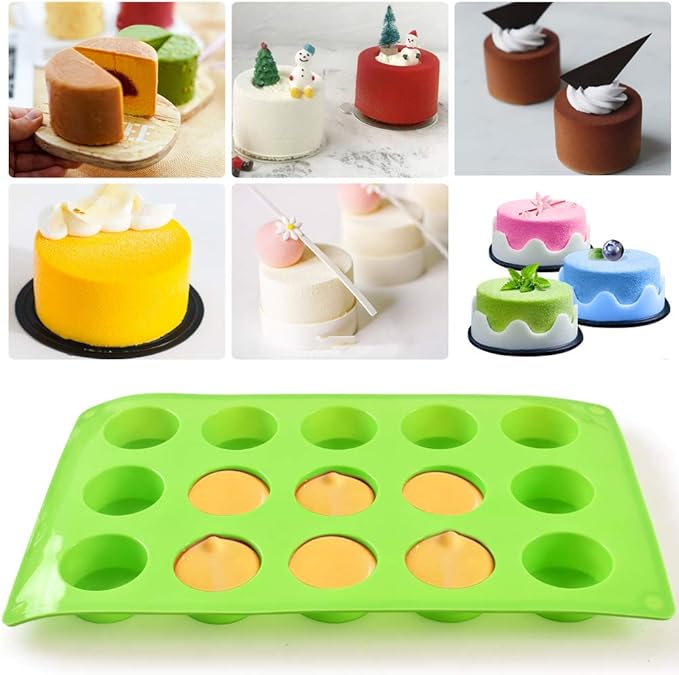Newk Cylinder Silicone Mold, 3 Packs 15-Cavity Round Cylinder Mold for Cupcake, Handmade Soap, Muffin, Cake, Cheesecake, Brownie, Chocolate Cover-Green