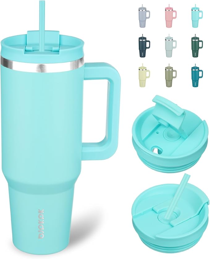 BJPKPK 40 oz Insulated Tumbler with Handle & Straw, Stainless Steel | Double Wall Vacuum Insulation, Leak Proof, BPA Free, Dishwasher Safe, Cupholder Friendly, Travel & Outdoor, Turquoise by BJPKPK
