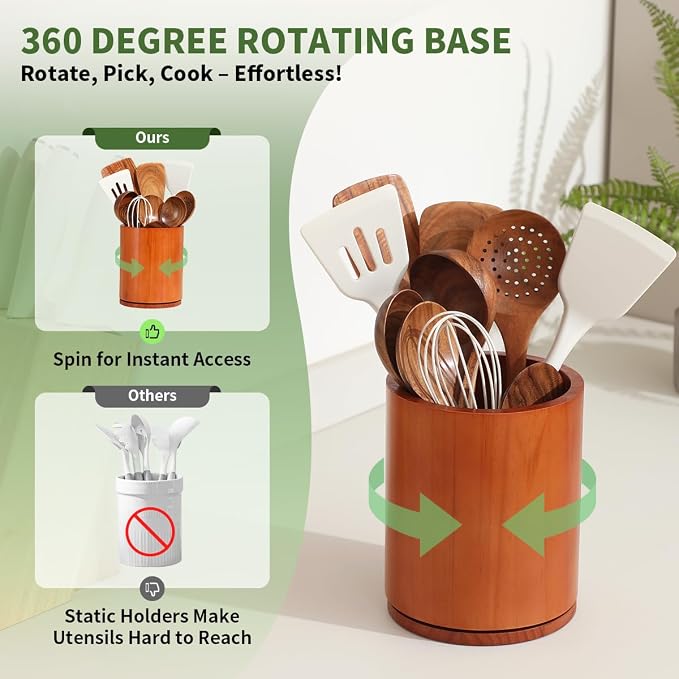 Wood Utensil Holder, 360° Rotating 7.3 in Kitchen Organizer | Rustic farmhouse countertop decor. 360° rotating base holds spatulas, ladles, tongs, and cooking tools. Rich cherry finish - Image 3