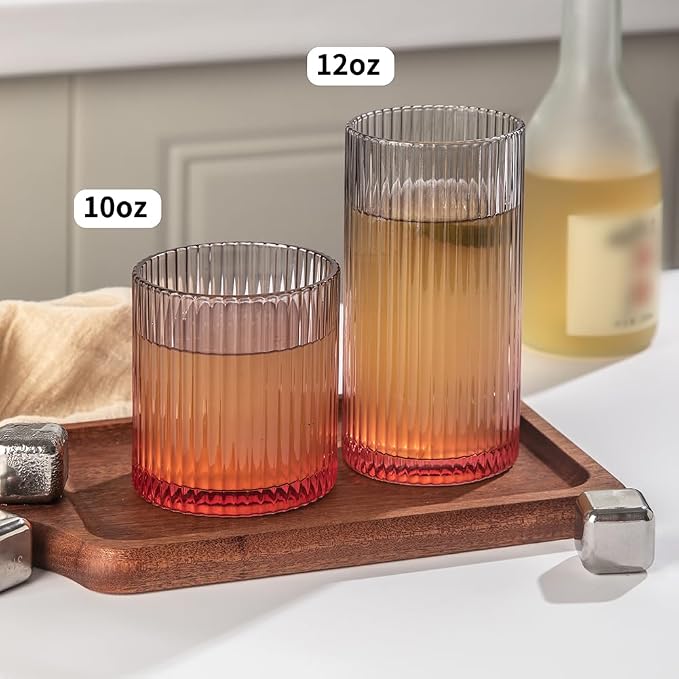 Ribbed Drinking Glasses 8pcs, 12oz and 10oz Glassware, Tumbler Glasses Cup Set for Wedding, Party, Christmas Gift, Grey Pink - Image 6