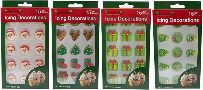 Christmas Edible Cake Decorations - Candy or Cupcake Topper - Santa Face, Trees, Wreaths, Reindeer, Xmas Boots, & Christmas Presents, 60 Pieces Total by OasisSupply