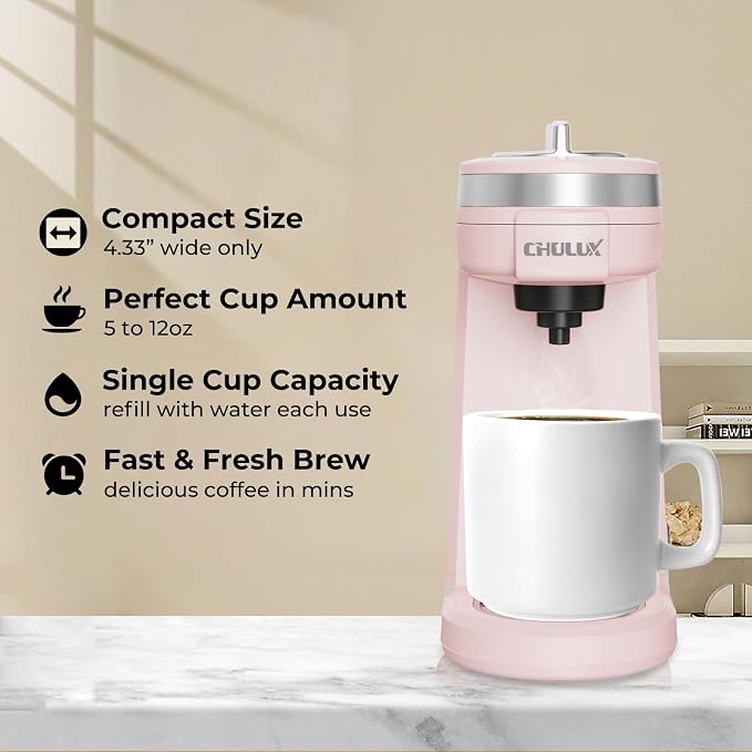 CHULUX Mini Single Serve Coffee Maker for K Cup, Fast Heating, Dusty Rose | Fast-Heating Boiler System, Single Cup Brewing, Portable Compact Design, Four-Hole Multi-Stream Needle, Adjustable Drip Tray - Image 2
