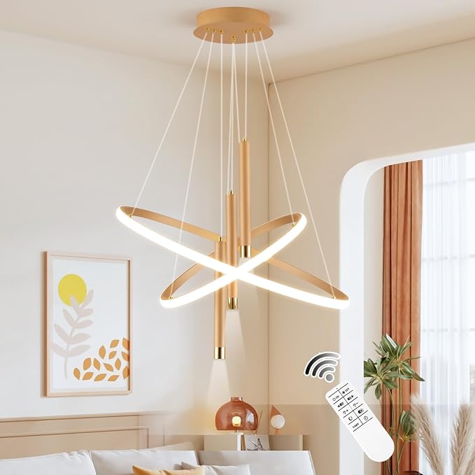 ORANOOR LED Gold Modern Chandeliers, Dimmable 24inch Kitchen Pendant Lights | LED Gold Dining Room Light Fixtures Ceiling Hanging Over Table, 2 Ring Round Chandelier for Dining Room Bedroom Living Room - Image 8