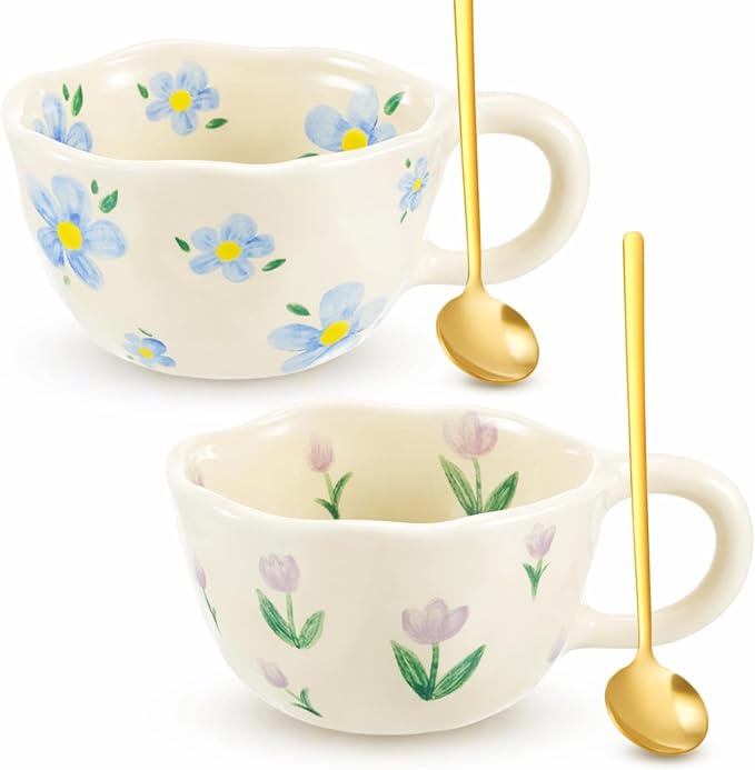 Vesici 2 Pcs Ceramic Coffee Mugs with Spoon, Vintage Floral Spring Mugs with Handle, 8.5 oz Aesthetic Flower Porcelain Tea Cup Set, Dishwasher & Microwave Safe Mothers Day Gifts for Mom(Vibrant) by Vesici