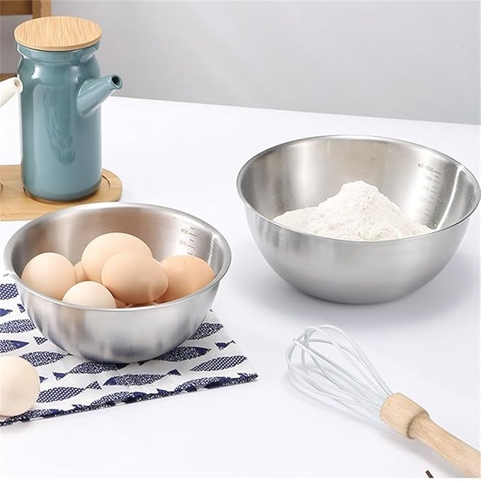 3 Pcs Stainless Steel Mixing Bowls Set with Scale for Cooking and Baking, Stackable and Dishwasher Safe, Featuring Clear Measurement Lines