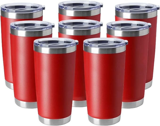 HASLE OUTFITTERS 20oz Tumblers Stainless Steel Mugs with Lid Double Wall Vacuum Insulated Coffee Cups for Cold & Hot Drinks (20oz-Red, 8 Pack) by HASLEOUTFITTERS