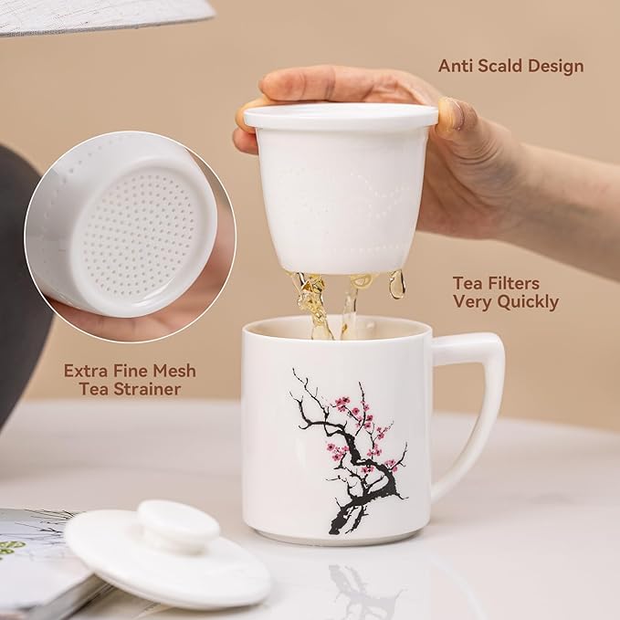 Ceramic Tea Mug with Infuser & Lid - 15oz Loose Leaf Tea Cup with Infuser,Hand-Painted Plum Blossom - Resilience & Elegance,Insulated Ceramic Coffee Mugs with Lid, Gift Set for Women/Men
